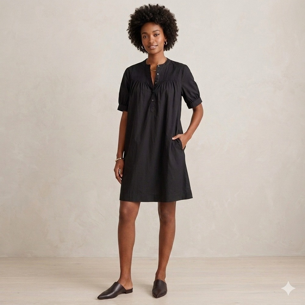 J.Crew Pintuck Poplin Shift Dress Short Sleeve Cotton Pockets Black Large Tall